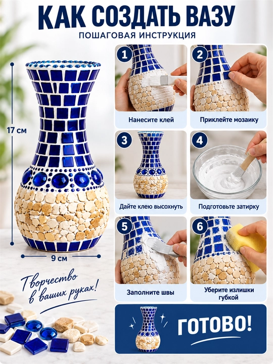 DIY mozaikali vaza yaratish to‘plami, shisha mozaika, ijodiy to‘plam