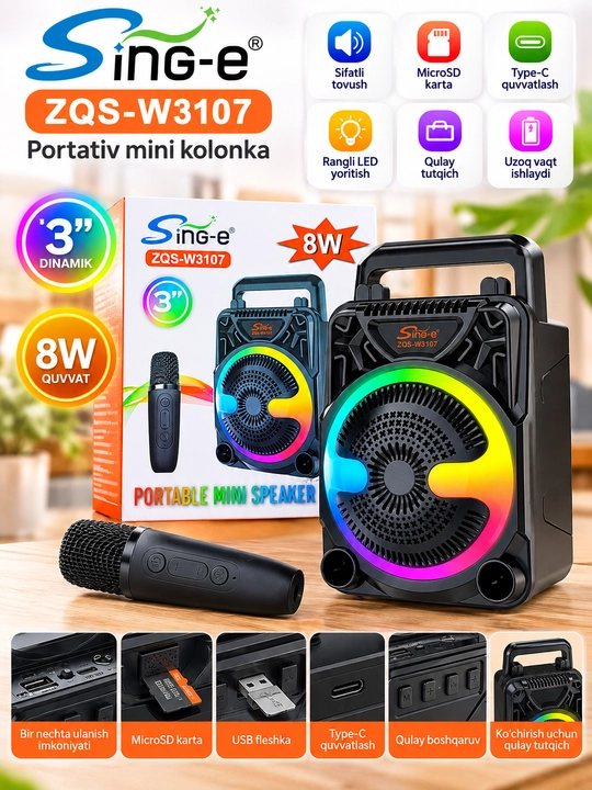 Portativ kolonka Sing-e ZQS-W3107, RGB yoritish va mikrofon bilan