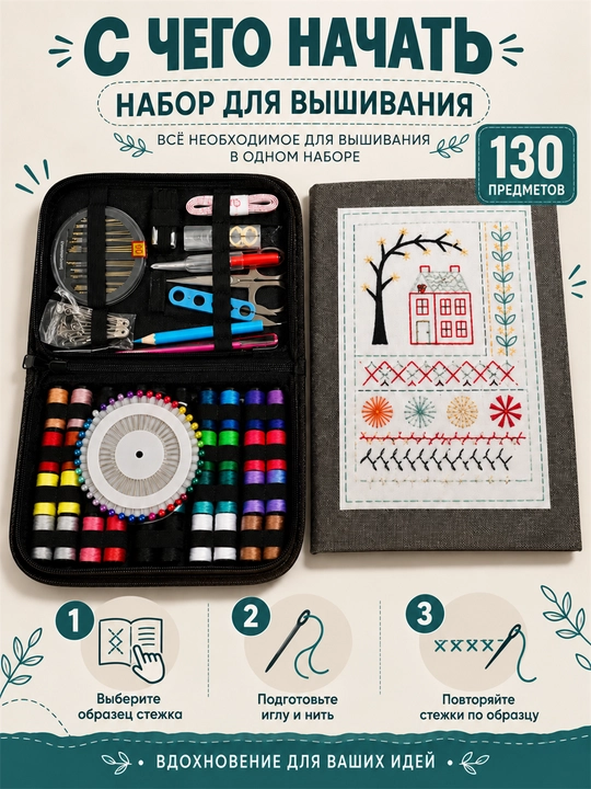 Набор для вышивания для начинающих с книгой стежков, нитками и инструментами DIY