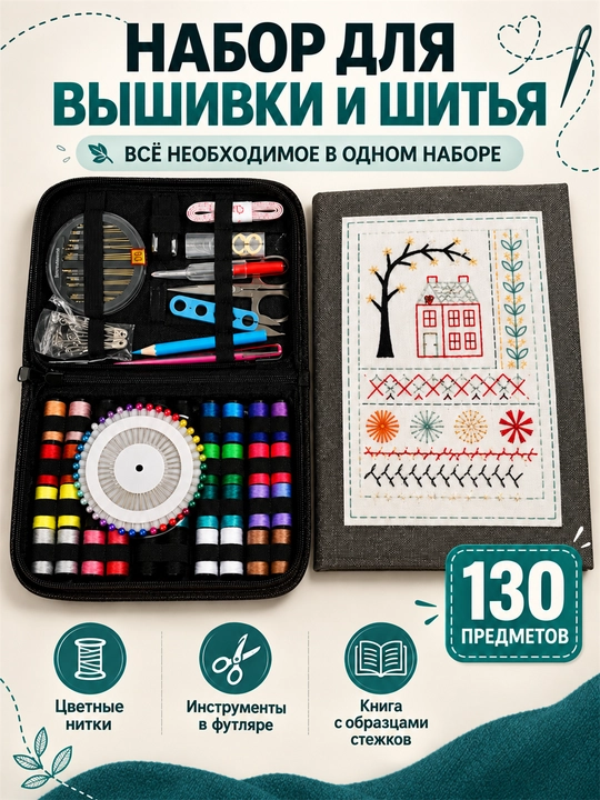 Набор для вышивания для начинающих с книгой стежков, нитками и инструментами DIY