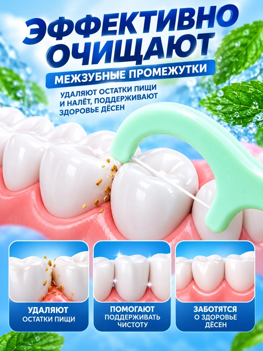 Tish ipli tish tozalagichlar, tishlarni tozalash uchun yalpizli flosserlar, 50 dona