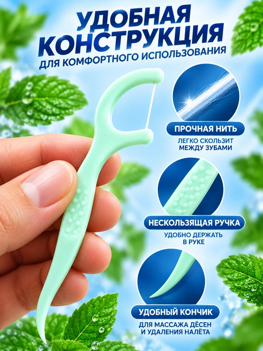 Tish ipli tish tozalagichlar, tishlarni tozalash uchun yalpizli flosserlar, 50 dona