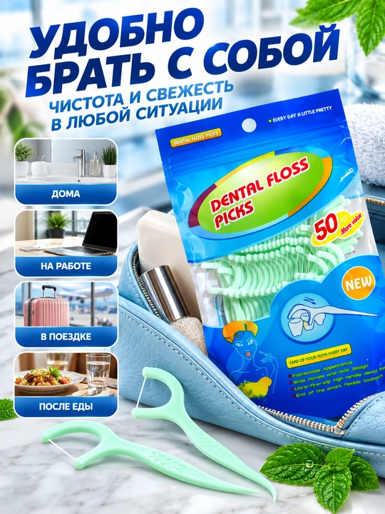 Tish ipli tish tozalagichlar, tishlarni tozalash uchun yalpizli flosserlar, 50 dona