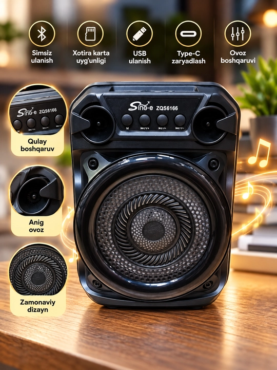 Portativ akustik kolonka Sing-e ZQS6166, mikrofon va RGB yoritish bilan