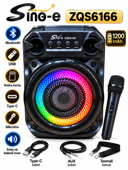 Портативная акустическая колонка Sing-e ZQS6166 с микрофоном и RGB-подсветкой - 