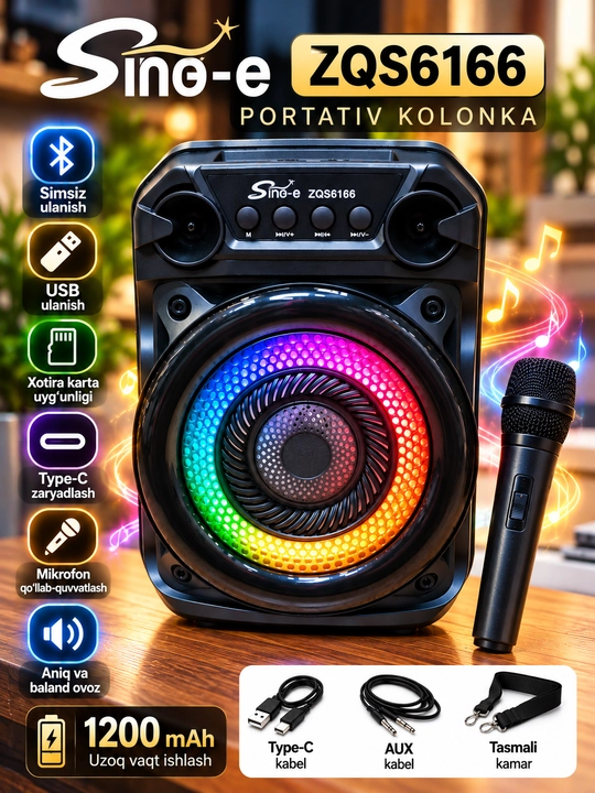 Portativ akustik kolonka Sing-e ZQS6166, mikrofon va RGB yoritish bilan