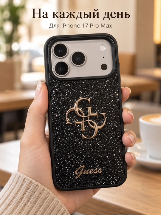 IPhone 17 Pro Max / 18 Pro Max uchun GUESS g‘ilofi, qora rangda, yaltiroq va 4G logotipi bilan
