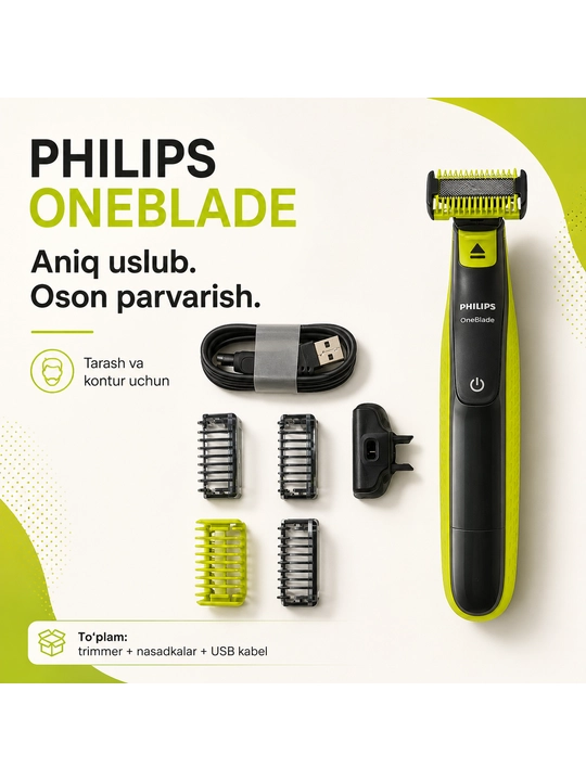 Philips OneBlade elektr trimmeri, soqol va tana tuklarini olish uchun,