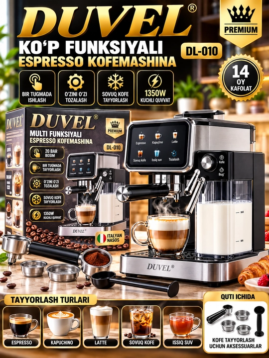 DUVEL DL 010 Ko‘p funksiyali Espresso Kofemashina 1350W 20 Bar