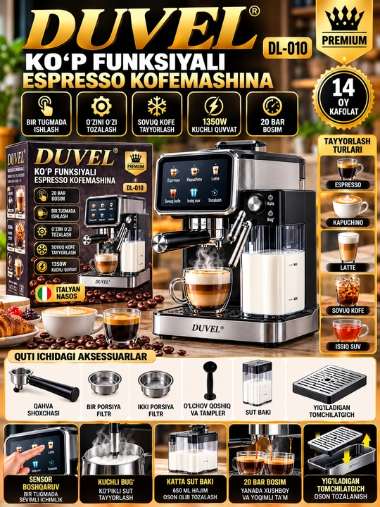 DUVEL DL 010 Ko‘p funksiyali Espresso Kofemashina 1350W 20 Bar