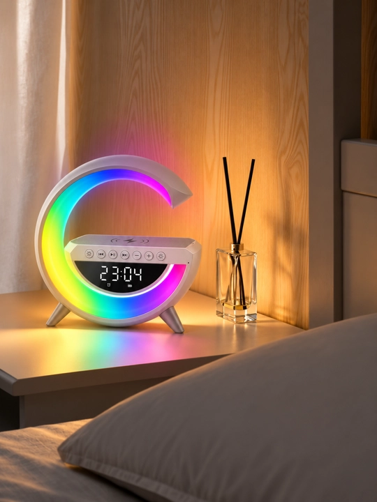 G shaklli Bluetooth kolonka, LED yoritgich, raqamli soat, budilnik va simsiz quvvatlash - 