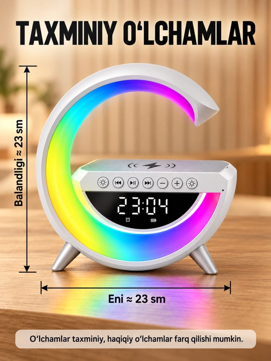 G shaklli Bluetooth kolonka, LED yoritgich, raqamli soat, budilnik va simsiz quvvatlash