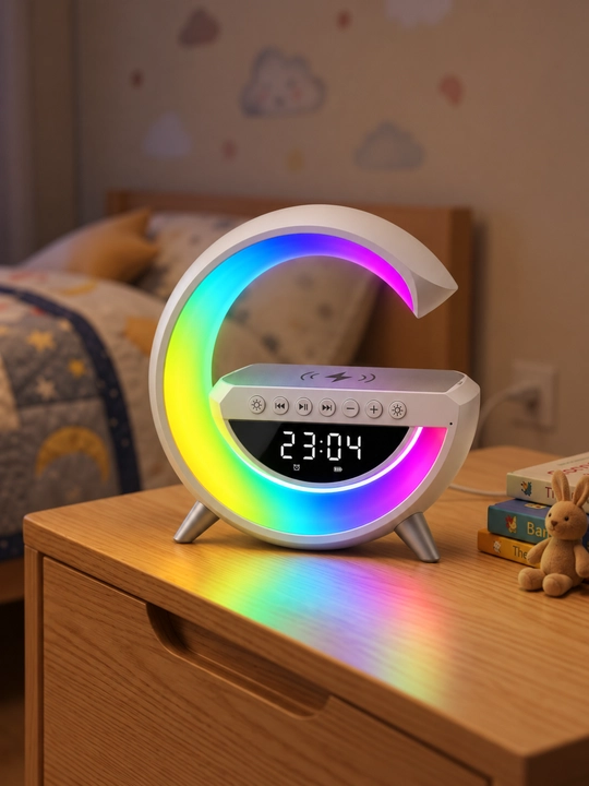 G shaklli Bluetooth kolonka, LED yoritgich, raqamli soat, budilnik va simsiz quvvatlash