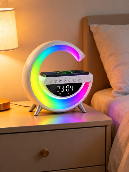 G shaklli Bluetooth kolonka, LED yoritgich, raqamli soat, budilnik va simsiz quvvatlash