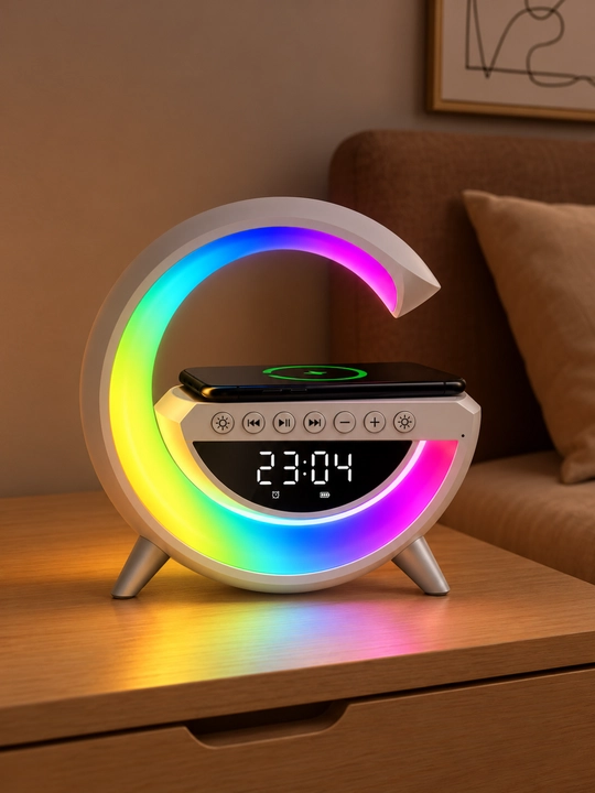 G shaklli Bluetooth kolonka, LED yoritgich, raqamli soat, budilnik va simsiz quvvatlash