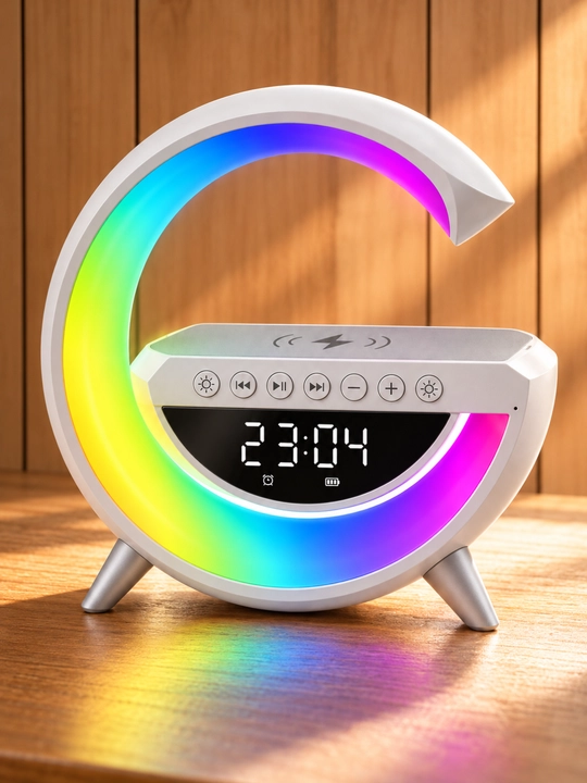 G shaklli Bluetooth kolonka, LED yoritgich, raqamli soat, budilnik va simsiz quvvatlash