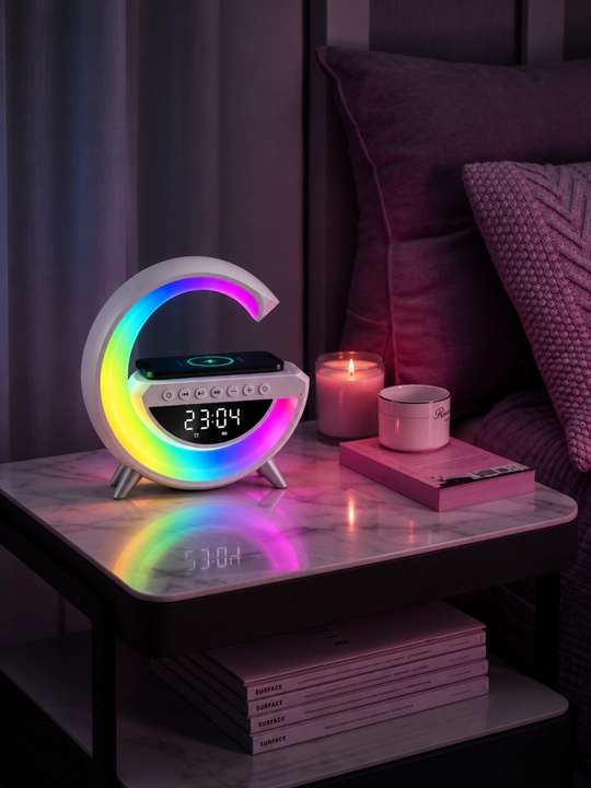 G shaklli Bluetooth kolonka, LED yoritgich, raqamli soat, budilnik va simsiz quvvatlash
