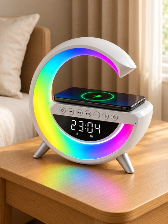 G shaklli Bluetooth kolonka, LED yoritgich, raqamli soat, budilnik va simsiz quvvatlash
