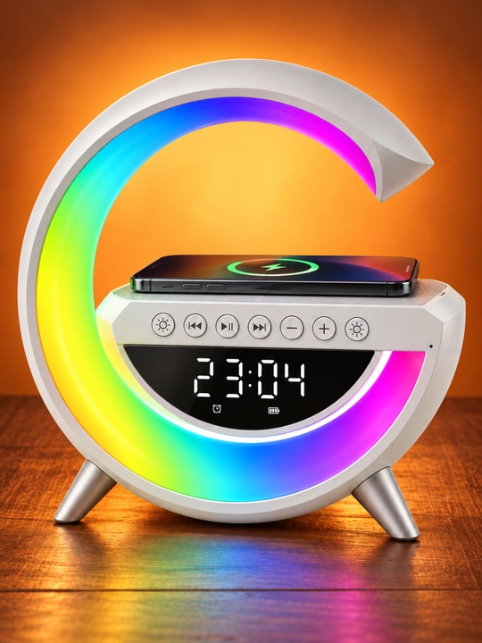 G shaklli Bluetooth kolonka, LED yoritgich, raqamli soat, budilnik va simsiz quvvatlash