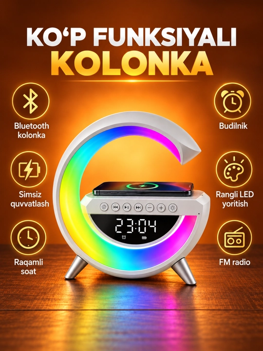 G shaklli Bluetooth kolonka, LED yoritgich, raqamli soat, budilnik va simsiz quvvatlash