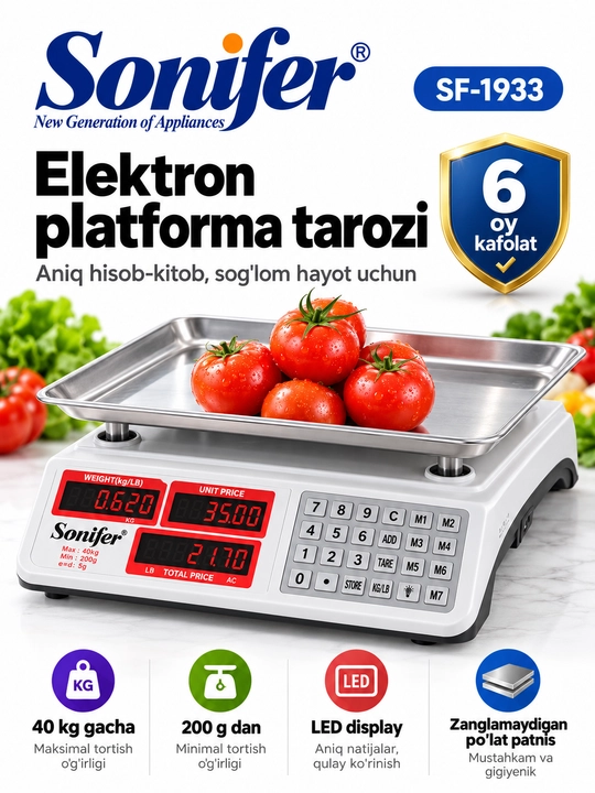 Sonifer SF-1933 elektron tarozi 40 kg, raqamli savdo tarozisi, oshxona va do‘kon uchun - 