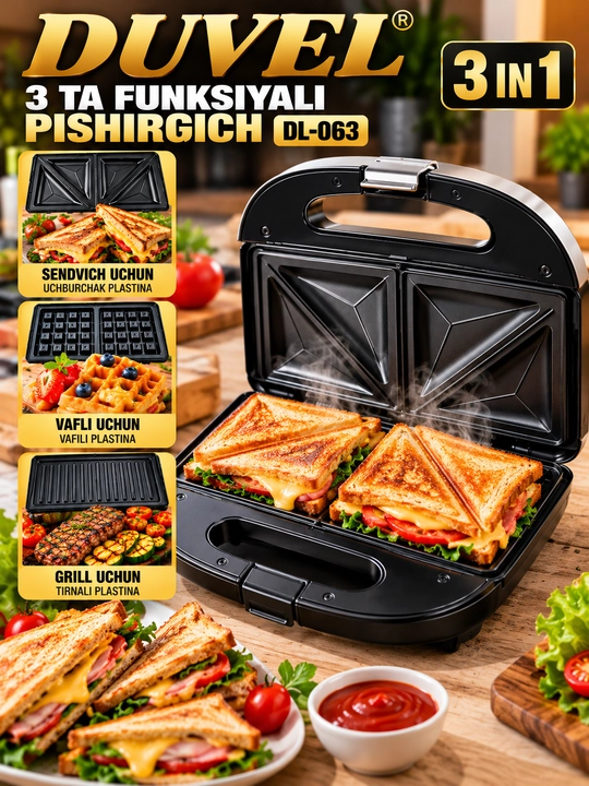 DUVEL DL 063 3 in 1 Sendvich Vafli va Grill Pishirgich 1400W