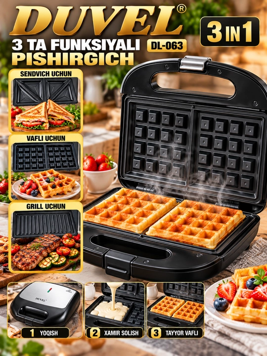 DUVEL DL 063 3 in 1 Sendvich Vafli va Grill Pishirgich 1400W