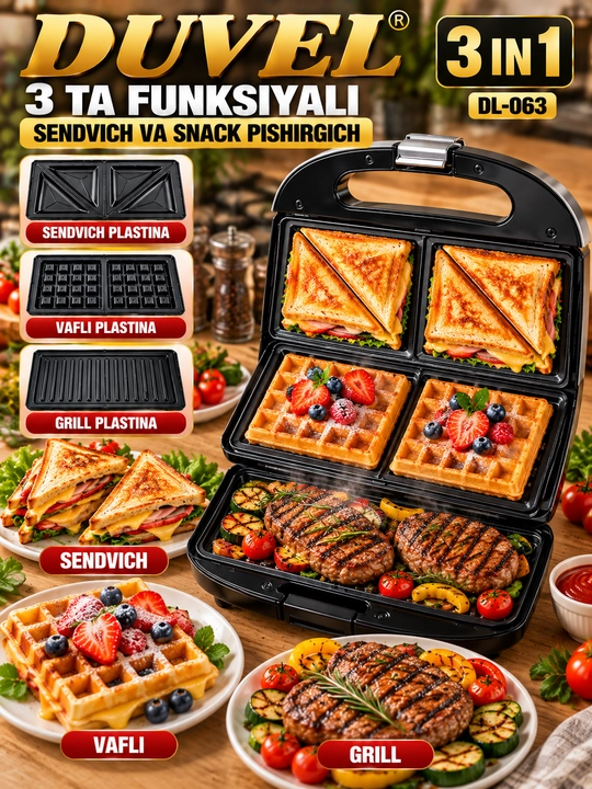 DUVEL DL 063 3 in 1 Sendvich Vafli va Grill Pishirgich 1400W