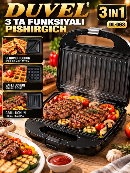 DUVEL DL 063 3 in 1 Sendvich Vafli va Grill Pishirgich 1400W