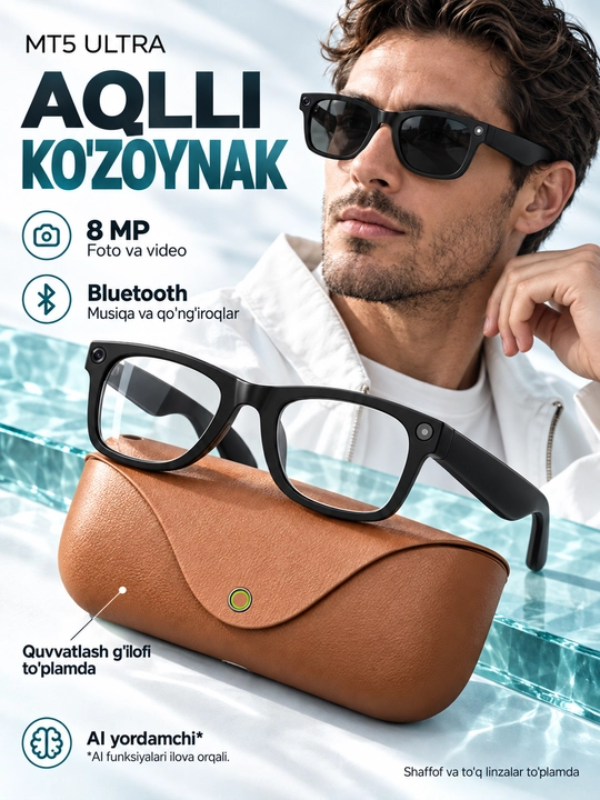 MT5 Ultra aqlli ko‘zoynak, zaryadli keys bilan, 8 MP kamera, AI va tarjima