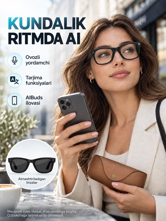 MT5 Ultra aqlli ko‘zoynak, zaryadli keys bilan, 8 MP kamera, AI va tarjima