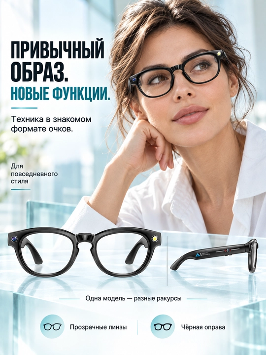GS380 aqlli ko'zoynak, 2 MP kamera, chiroq, Bluetooth va shaffof linzalar