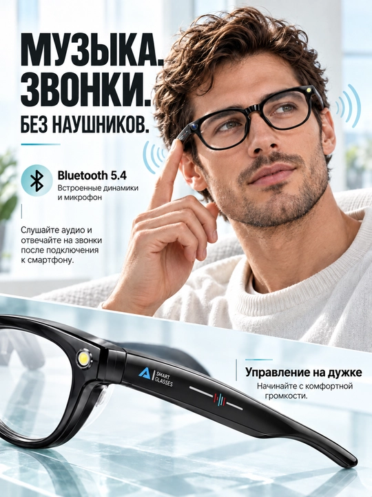 GS380 aqlli ko'zoynak, 2 MP kamera, chiroq, Bluetooth va shaffof linzalar