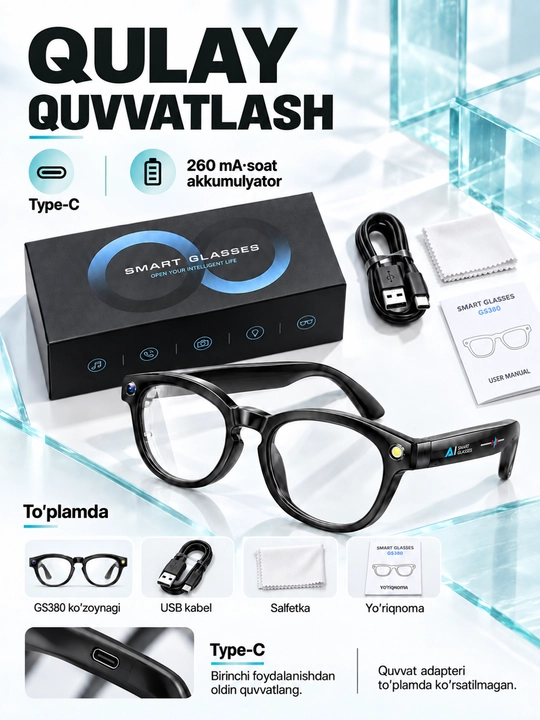 GS380 aqlli ko'zoynak, 2 MP kamera, chiroq, Bluetooth va shaffof linzalar