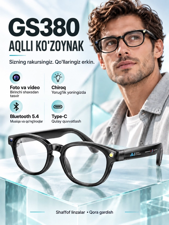 GS380 aqlli ko'zoynak, 2 MP kamera, chiroq, Bluetooth va shaffof linzalar