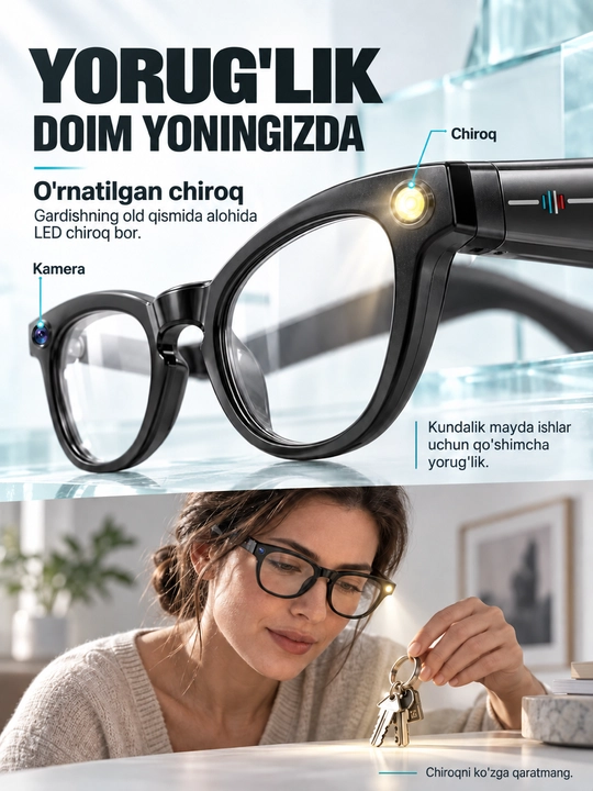 GS380 aqlli ko'zoynak, 2 MP kamera, chiroq, Bluetooth va shaffof linzalar