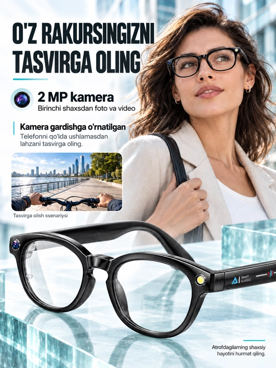 GS380 aqlli ko'zoynak, 2 MP kamera, chiroq, Bluetooth va shaffof linzalar