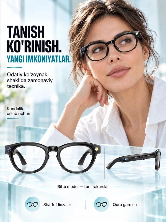 GS380 aqlli ko'zoynak, 2 MP kamera, chiroq, Bluetooth va shaffof linzalar