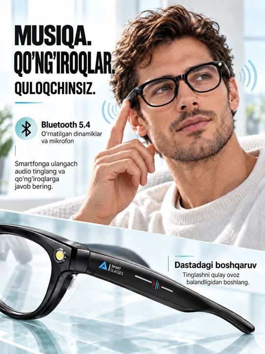GS380 aqlli ko'zoynak, 2 MP kamera, chiroq, Bluetooth va shaffof linzalar