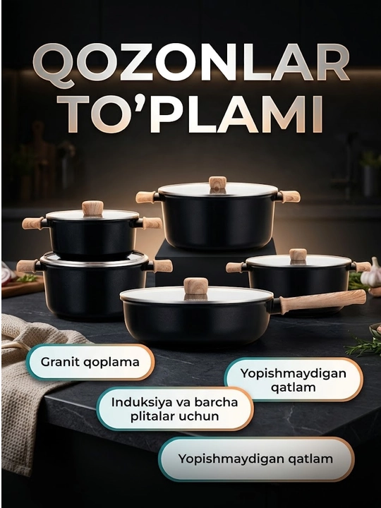 Qozon va Tova to‘plami UAKEEN granit 10 ta VK-72 Black - 