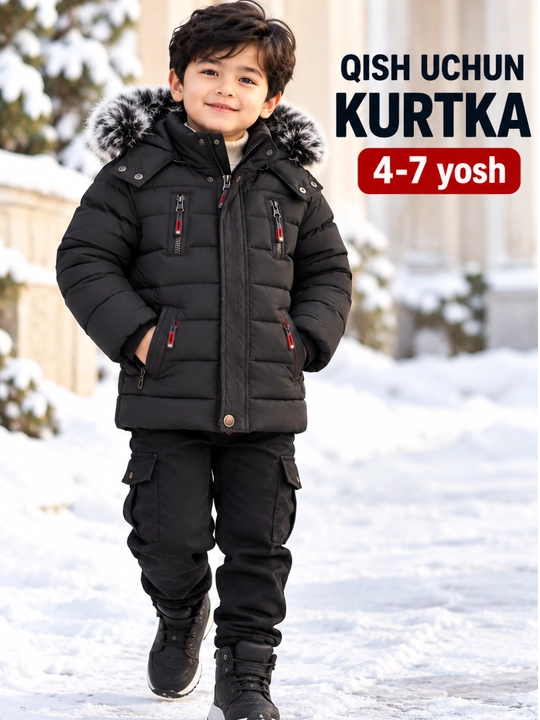 4–7 yoshli o‘g‘il bola uchun qora rangli, mo‘ynali kapyushonli qishki bolalar kurtkasi