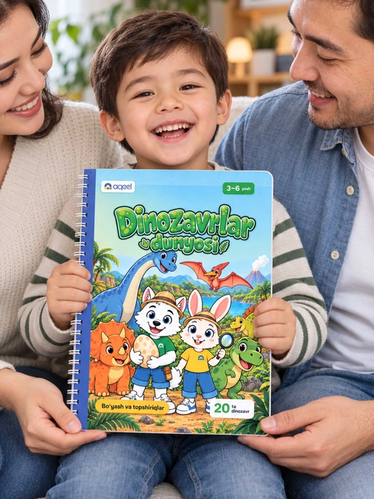 Topshiriqli bo‘yash kitobi AQEEL «Dinozavrlar dunyosi», 3–6 yosh, 20 ta dinozavr