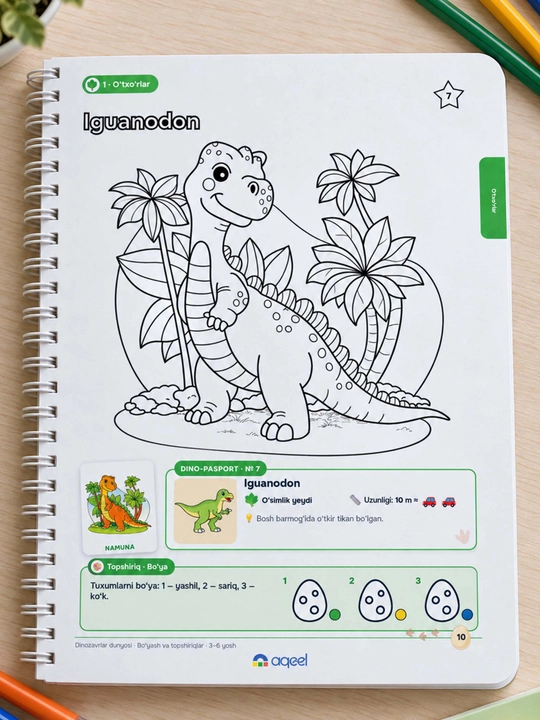 Topshiriqli bo‘yash kitobi AQEEL «Dinozavrlar dunyosi», 3–6 yosh, 20 ta dinozavr