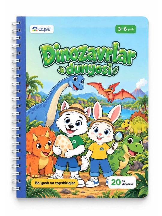 Topshiriqli bo‘yash kitobi AQEEL «Dinozavrlar dunyosi», 3–6 yosh, 20 ta dinozavr
