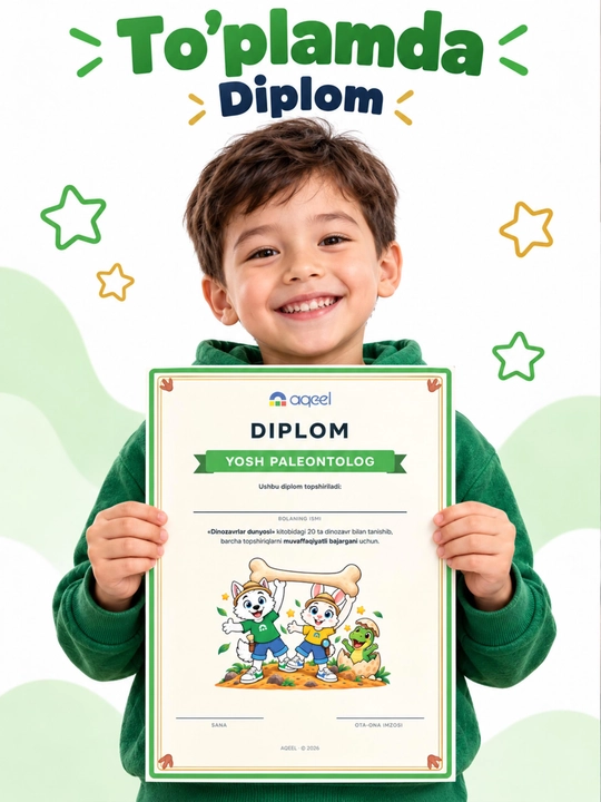 Topshiriqli bo‘yash kitobi AQEEL «Dinozavrlar dunyosi», 3–6 yosh, 20 ta dinozavr