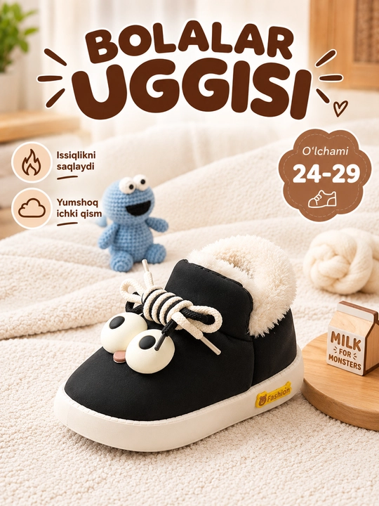 Bolalar oyoq kiyimi, qishki poyabzal, qora botinka, yumshoq astarli, issiq oyoq kiyim