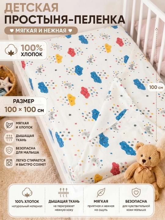 Пеленка детская теплая плотный трикотаж с начесом 100% хлопок, 100х100 см