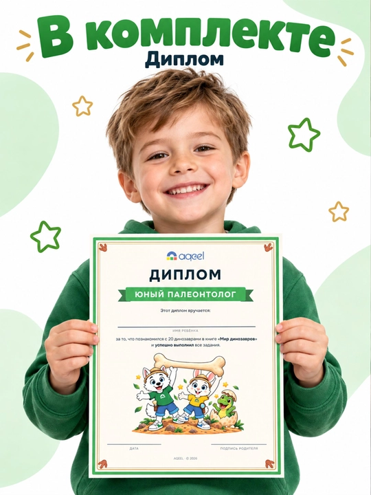 Раскраска с заданиями AQEEL «Мир динозавров», 3–6 лет, 20 динозавров, на русском