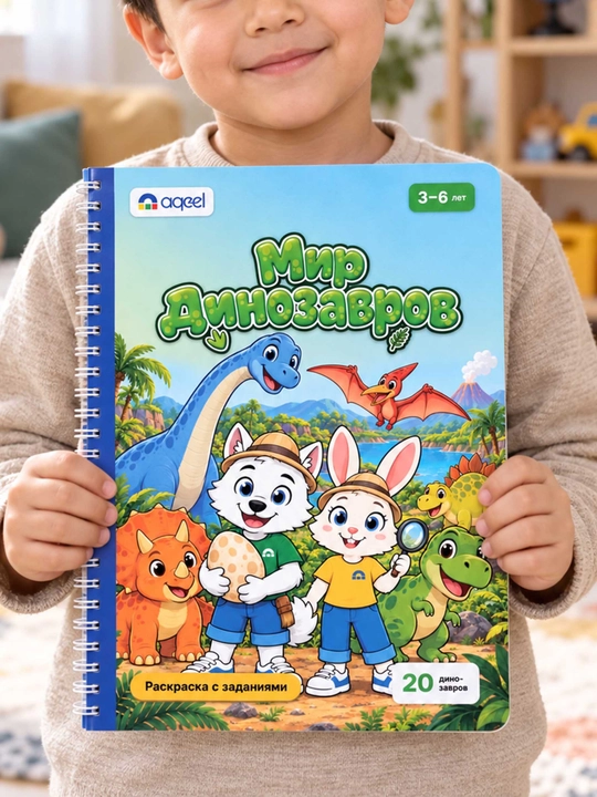 Раскраска с заданиями AQEEL «Мир динозавров», 3–6 лет, 20 динозавров, на русском - 