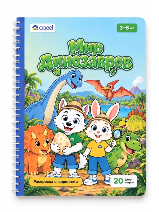 Раскраска с заданиями AQEEL «Мир динозавров», 3–6 лет, 20 динозавров, на русском